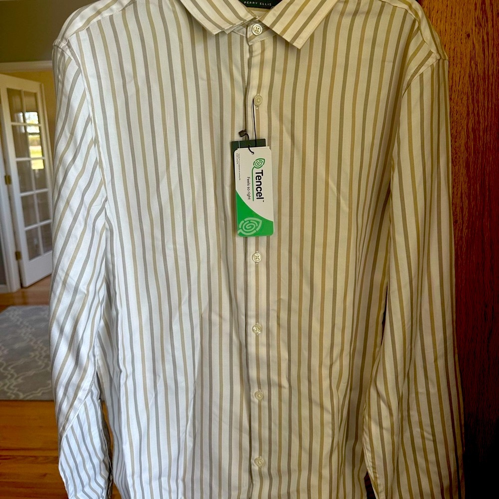 Perry Ellis Men's Striped Shirt - Bright White with Gray and Beige stripes